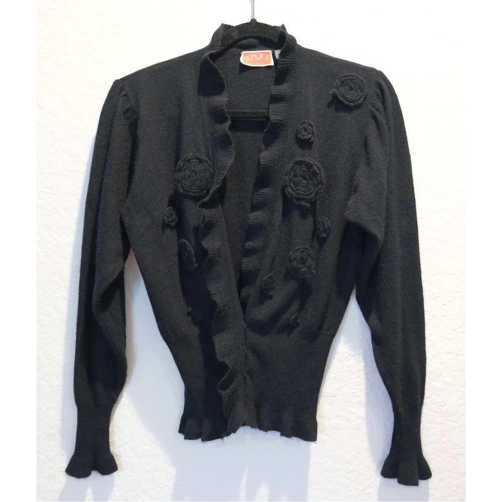 Rare Vintage 70s Kenzo Paris Italian Made Wool Blend Cardigan Size S Black